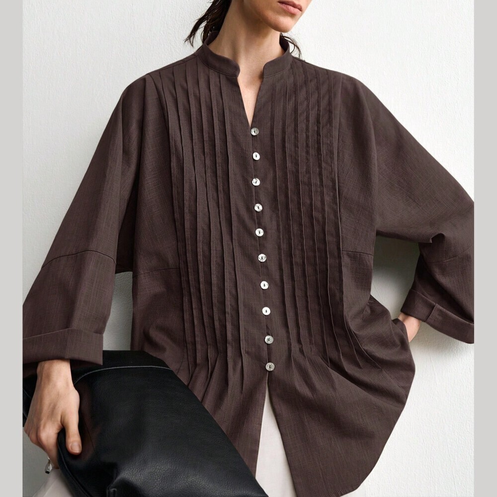 Brown Cotton Pintuck Pleated Mandarin Collar Long Sleeve Tunic Blouse